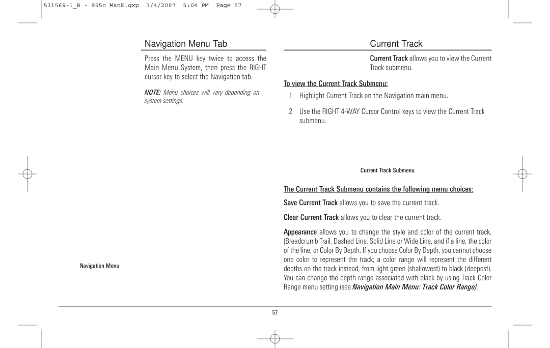 Humminbird 955C manual Navigation Menu Tab, Current Track 