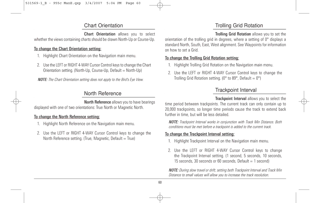 Humminbird 955C manual Trolling Grid Rotation, Trackpoint Interval, North Reference allows you to have bearings 