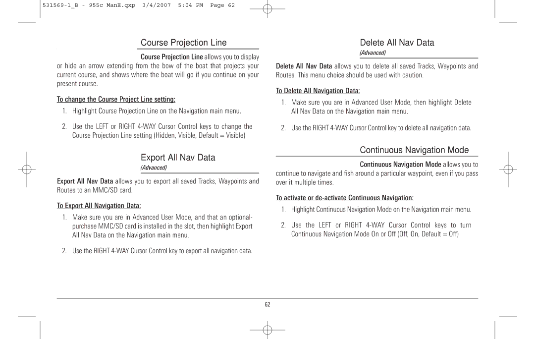 Humminbird 955C manual Course Projection Line, Export All Nav Data, Delete All Nav Data, Continuous Navigation Mode 