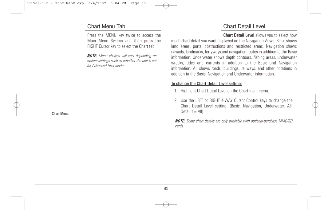 Humminbird 955C manual Chart Menu Tab, Chart Detail Level 