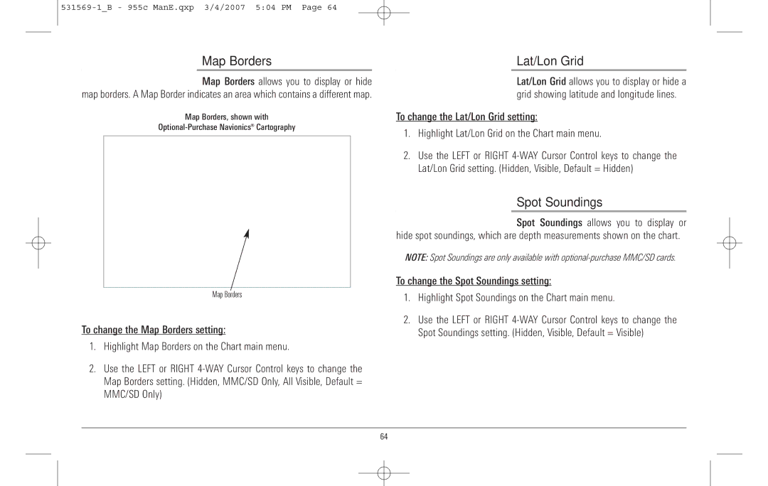 Humminbird 955C manual Map Borders, Lat/Lon Grid, Spot Soundings 