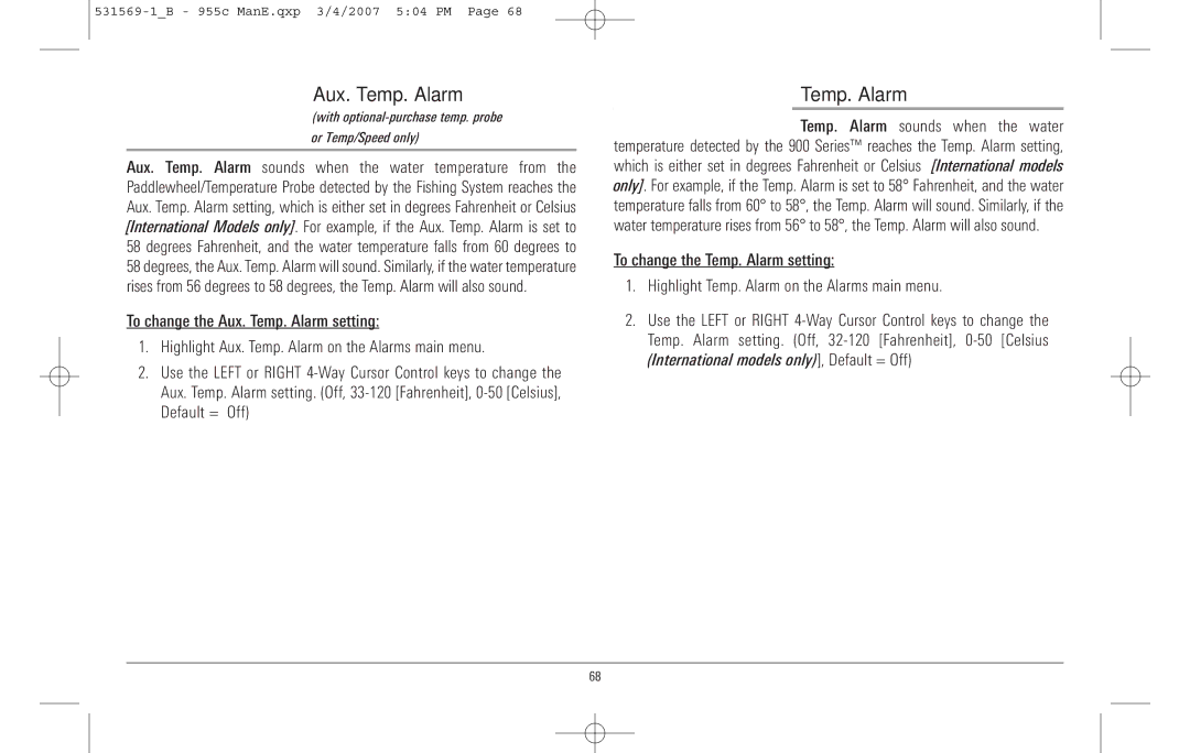 Humminbird 955C manual Aux. Temp. Alarm 