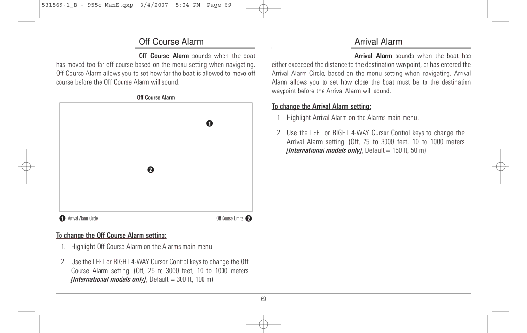 Humminbird 955C manual Off Course Alarm, Arrival Alarm 
