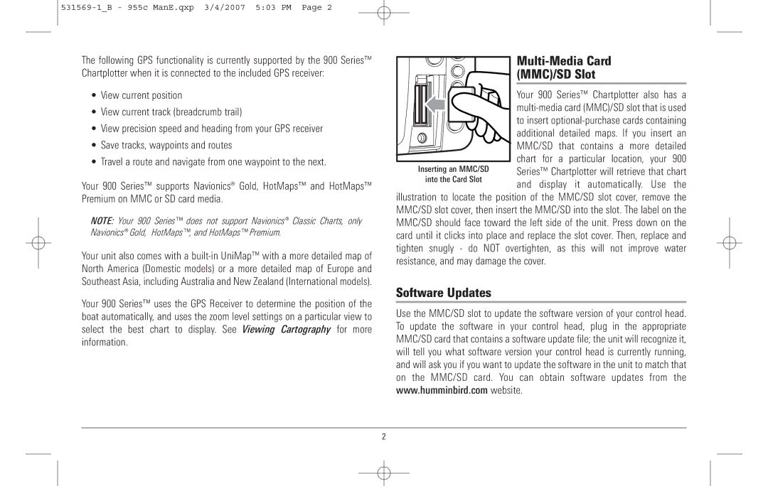 Humminbird 955C manual Multi-Media Card MMC/SD Slot, Software Updates 