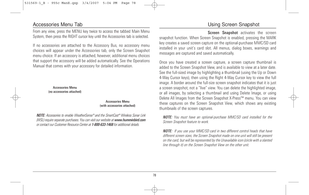 Humminbird 955C manual Accessories Menu Tab, Using Screen Snapshot 