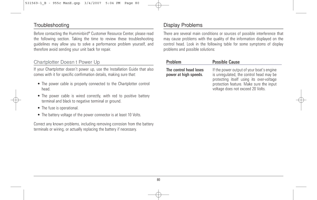 Humminbird 955C manual Troubleshooting Display Problems, Chartplotter Doesn’t Power Up 