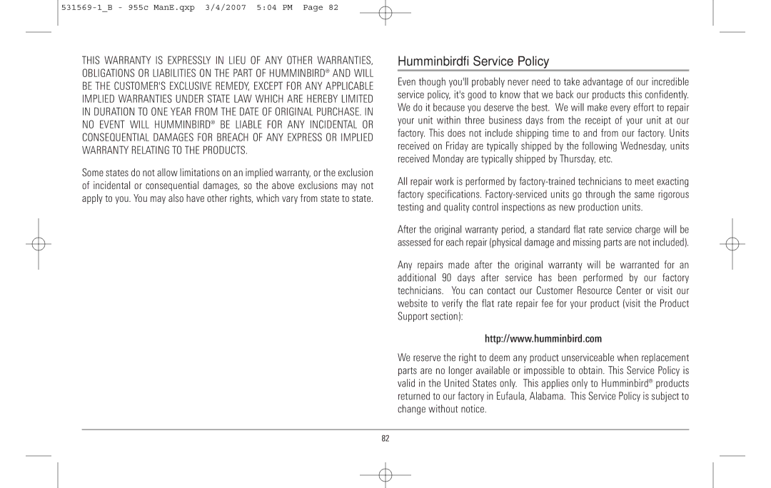 Humminbird 955C manual Humminbird Service Policy 