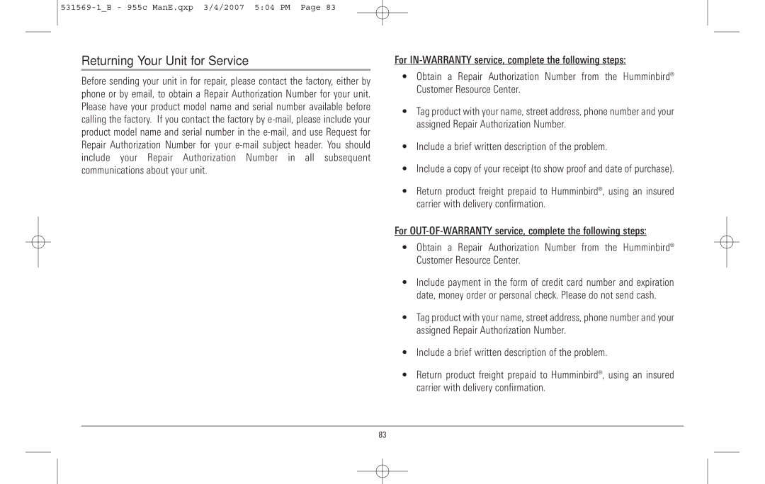 Humminbird 955C manual Returning Your Unit for Service 