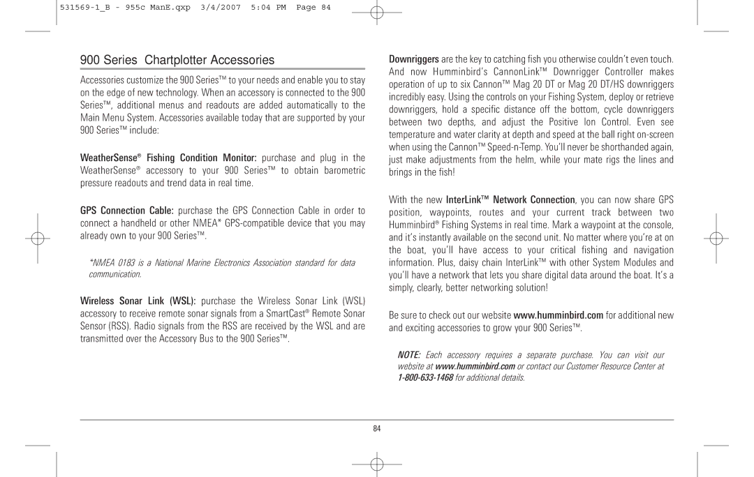 Humminbird 955C manual Series Chartplotter Accessories, Series include 