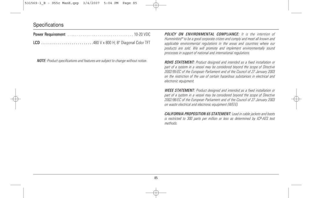 Humminbird 955C manual Specifications 