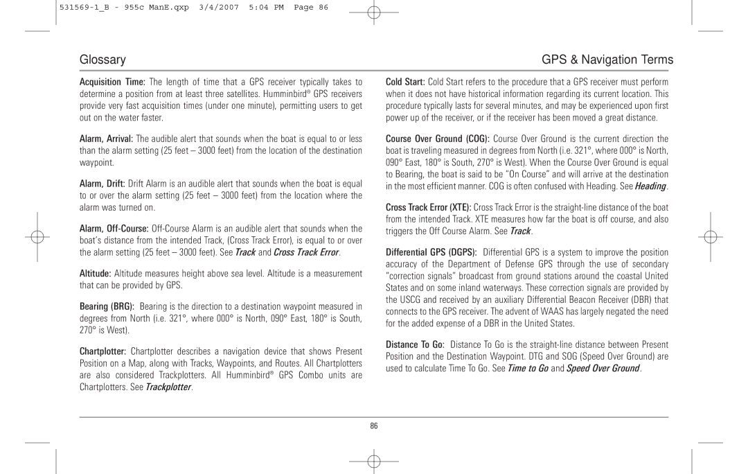 Humminbird 955C manual Glossary, GPS & Navigation Terms 