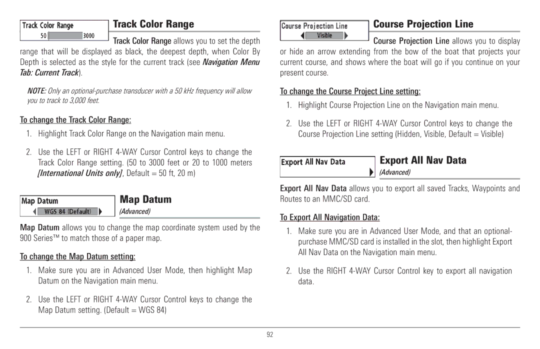 Humminbird 957C, 917C manual Track Color Range, Map Datum, Course Projection Line, Export All Nav Data 