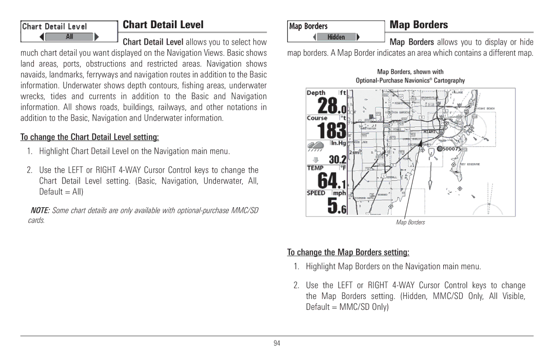 Humminbird 957C, 917C manual Chart Detail Level, Map Borders 