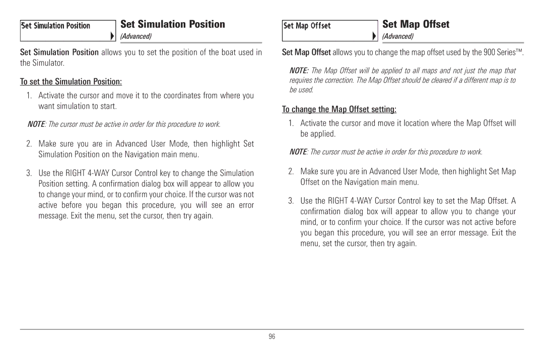 Humminbird 957C, 917C manual Set Simulation Position, Set Map Offset 