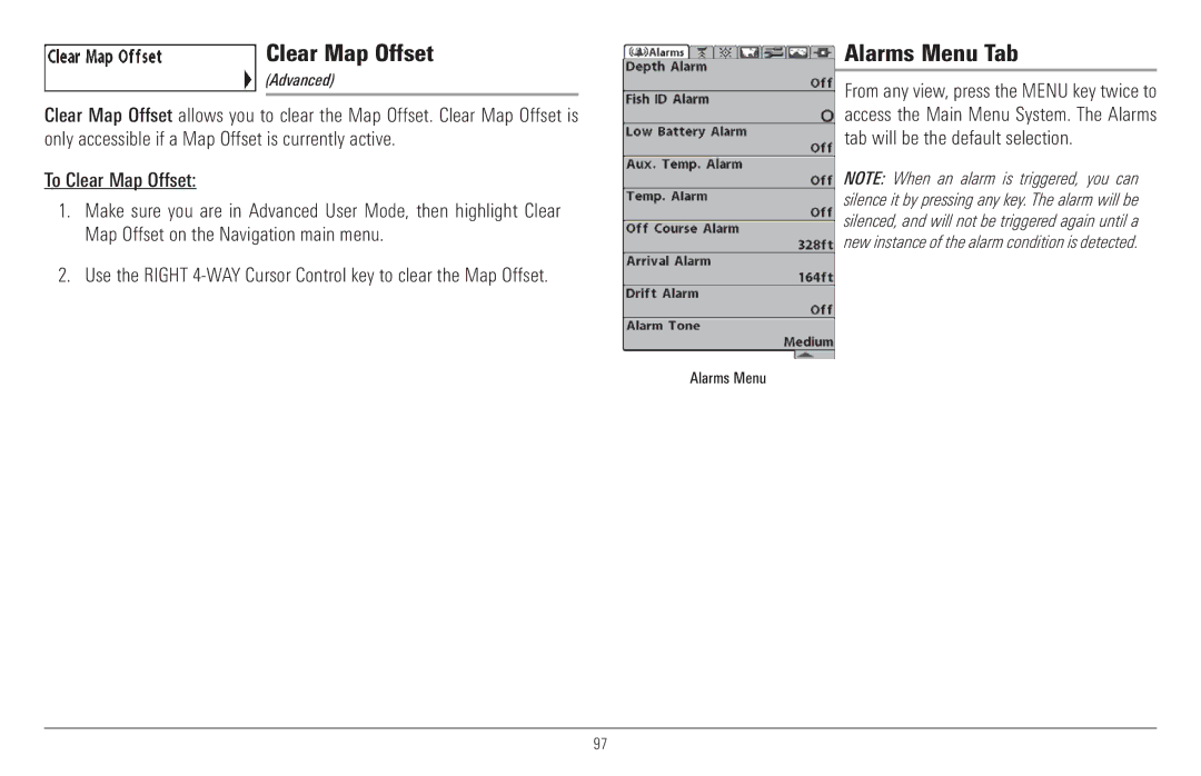 Humminbird 917C, 957C manual Clear Map Offset, Alarms Menu Tab 