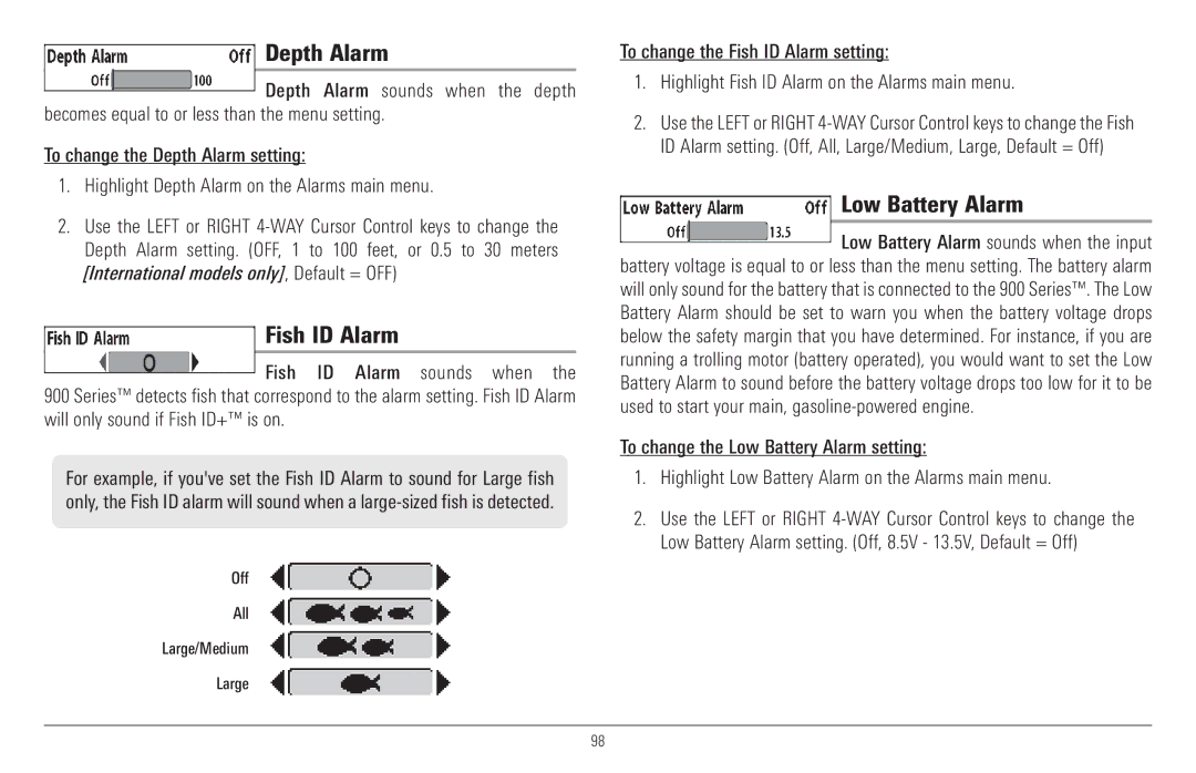 Humminbird 957C, 917C manual Depth Alarm, Fish ID Alarm, Low Battery Alarm 