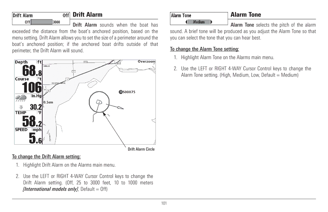 Humminbird 917C, 957C manual Drift Alarm, Alarm Tone 