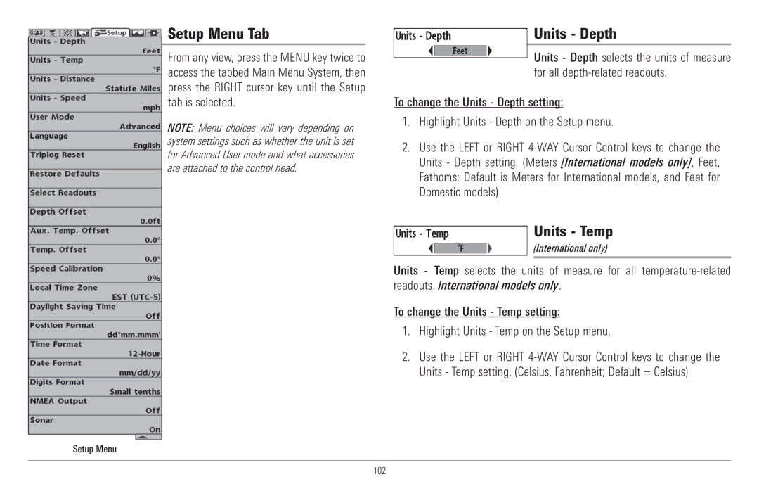 Humminbird 957C, 917C manual Setup Menu Tab, Units Depth, Units Temp 