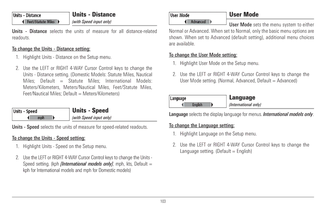 Humminbird 917C, 957C manual Units Distance, Units Speed, User Mode, Language 