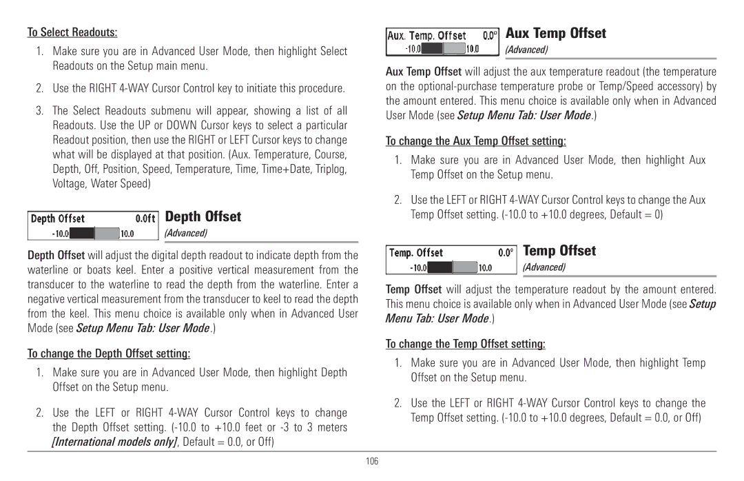 Humminbird 957C, 917C manual Depth Offset, Aux Temp Offset 