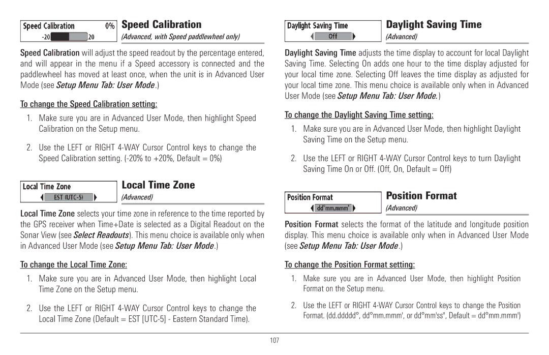 Humminbird 917C, 957C manual Speed Calibration, Local Time Zone, Daylight Saving Time, Position Format 