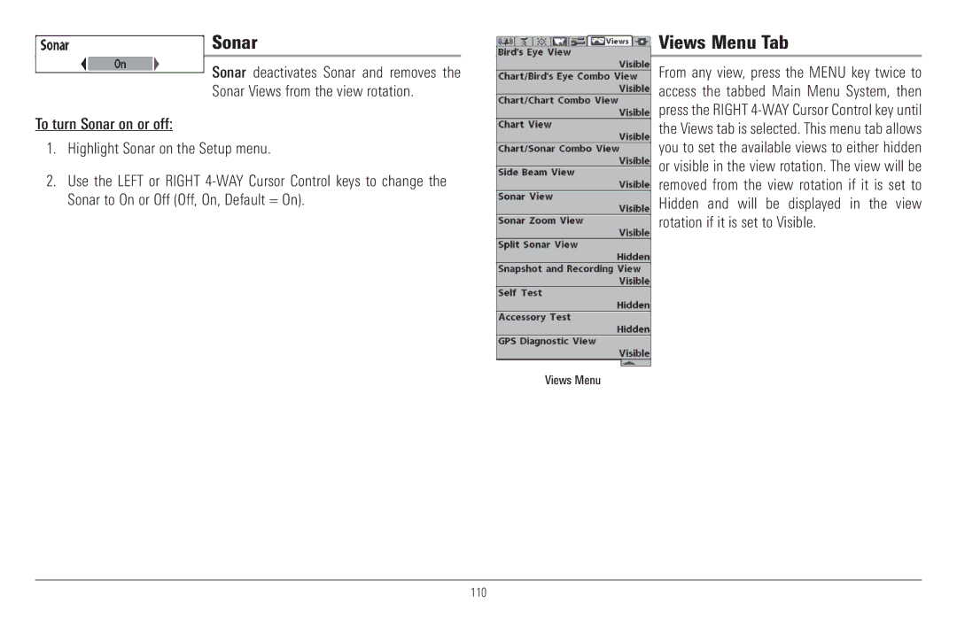 Humminbird 957C, 917C manual Sonar, Views Menu Tab 