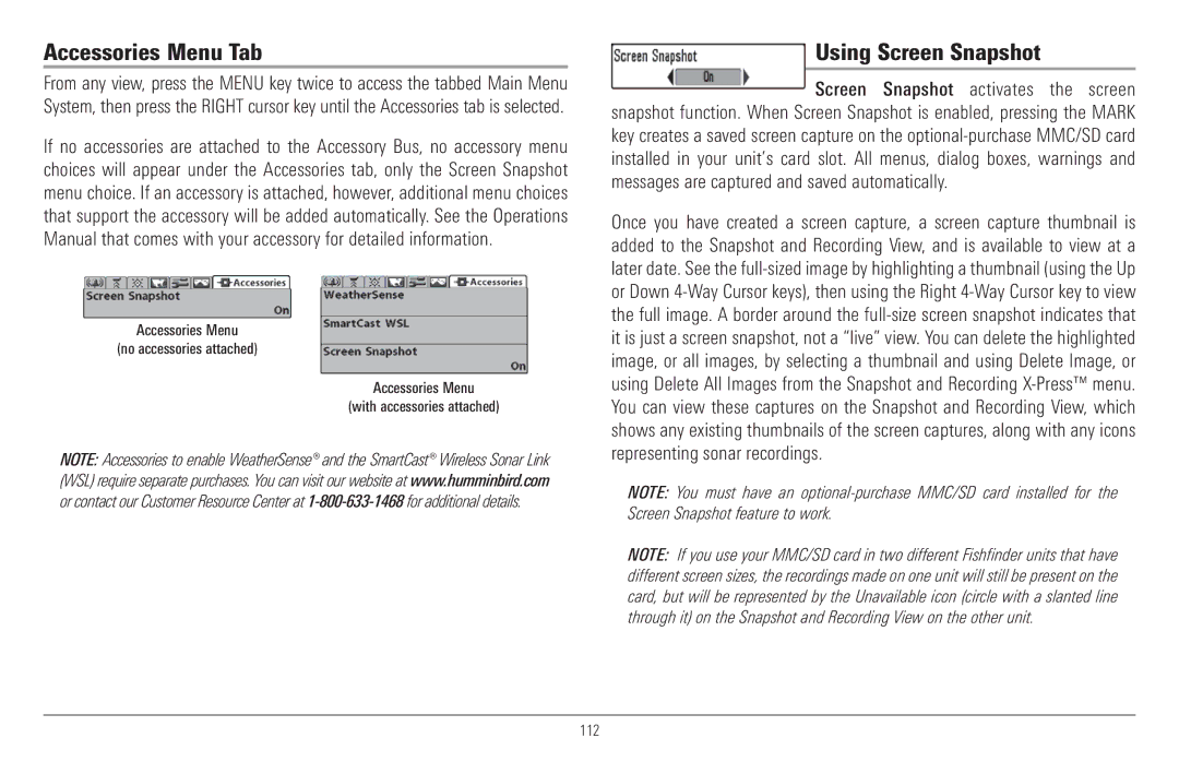 Humminbird 957C, 917C manual Accessories Menu Tab, Using Screen Snapshot 