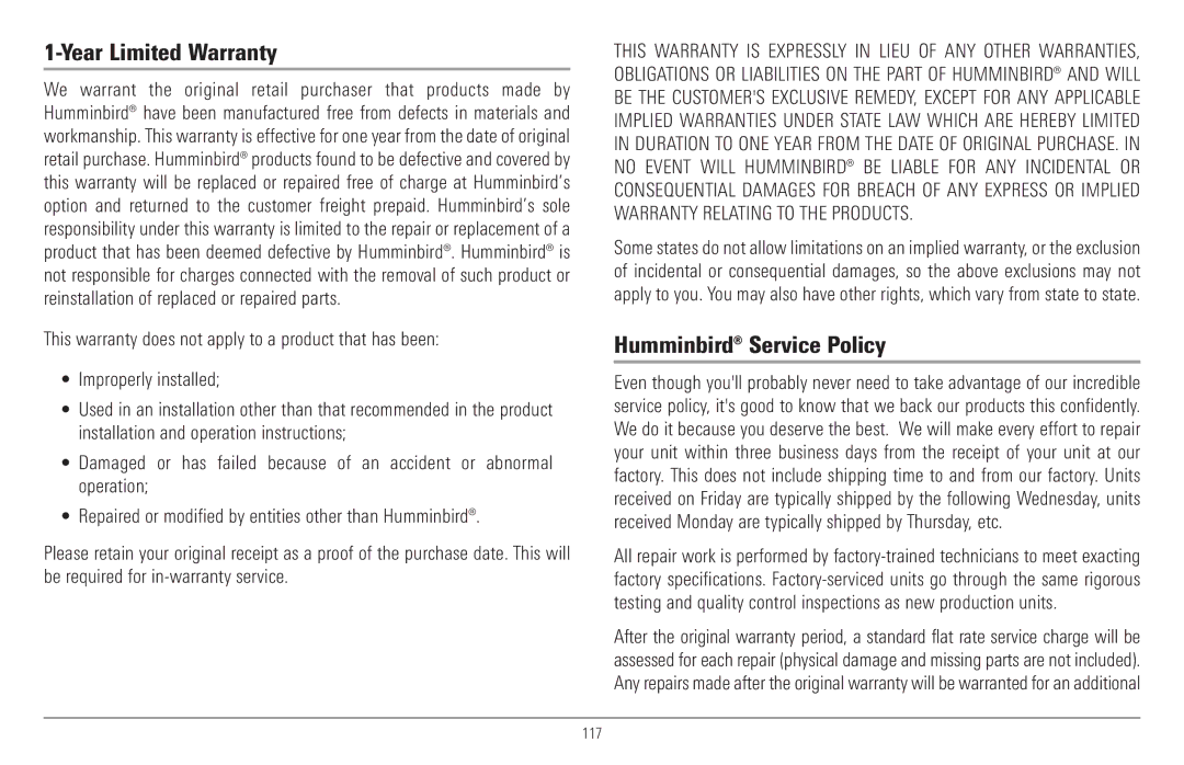 Humminbird 917C, 957C manual Year Limited Warranty, Humminbird Service Policy 