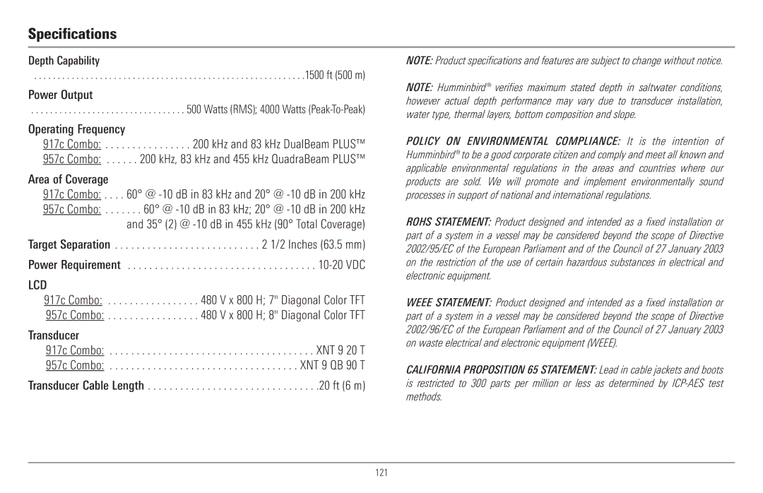 Humminbird 917C, 957C manual Specifications 