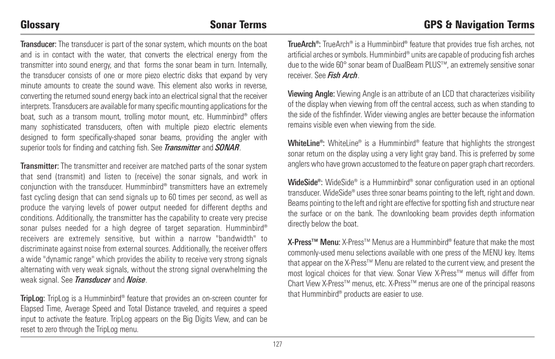 Humminbird 917C, 957C manual Glossary Sonar Terms, GPS & Navigation Terms 