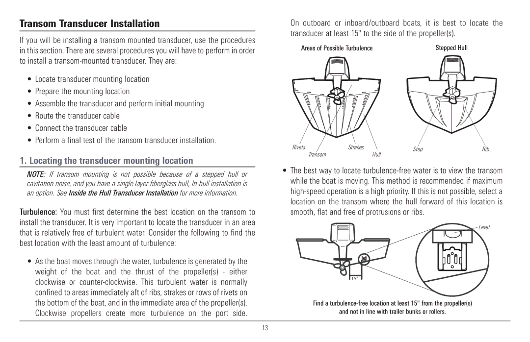 Humminbird 917C, 957C manual Transom Transducer Installation, Locating the transducer mounting location 