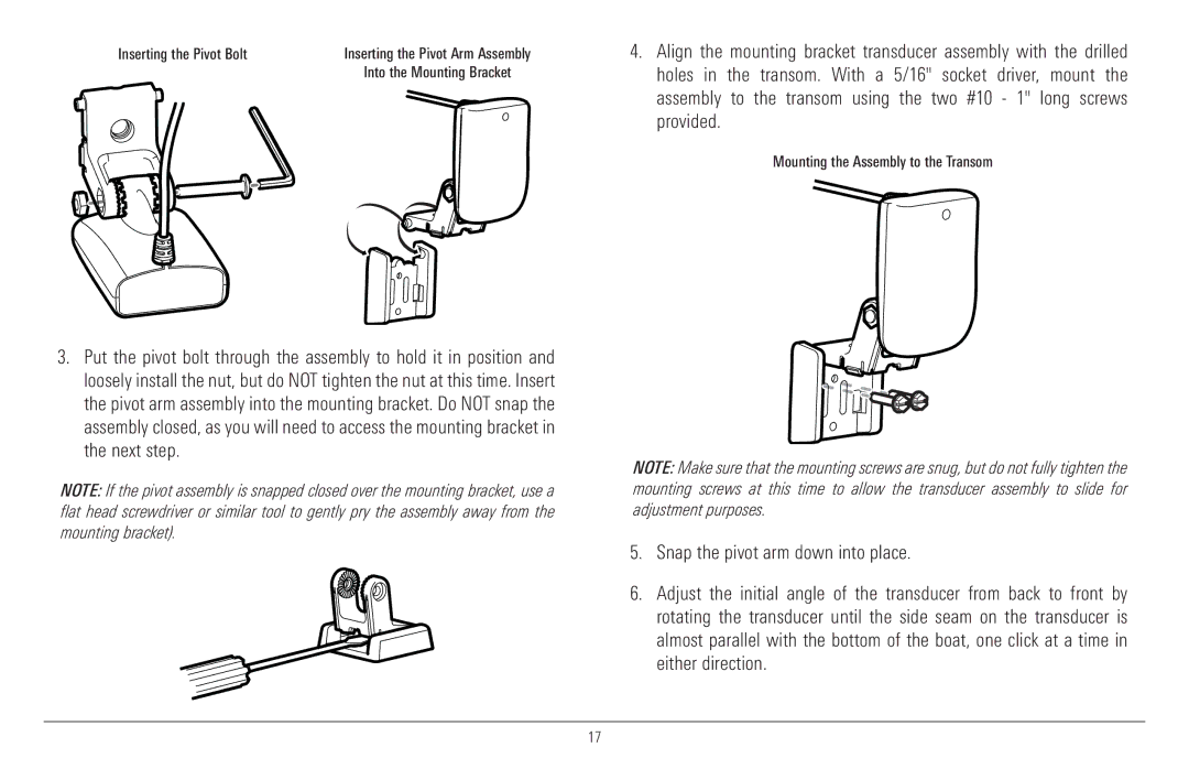 Humminbird 917C, 957C manual Inserting the Pivot Bolt 