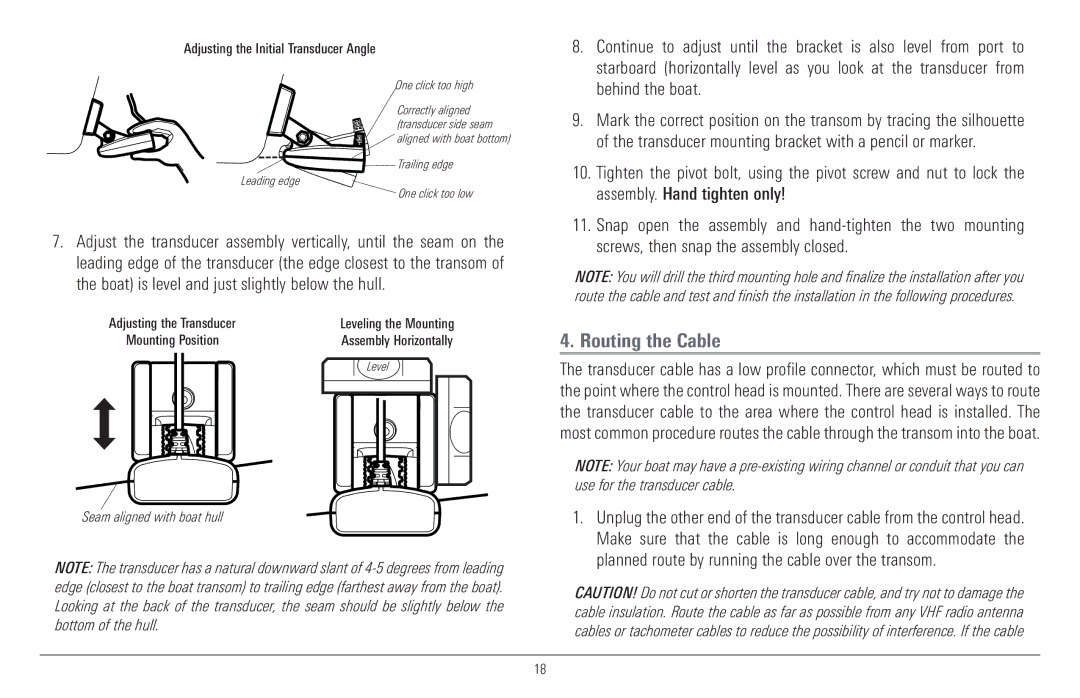 Humminbird 957C, 917C manual Routing the Cable, Adjusting the Initial Transducer Angle 