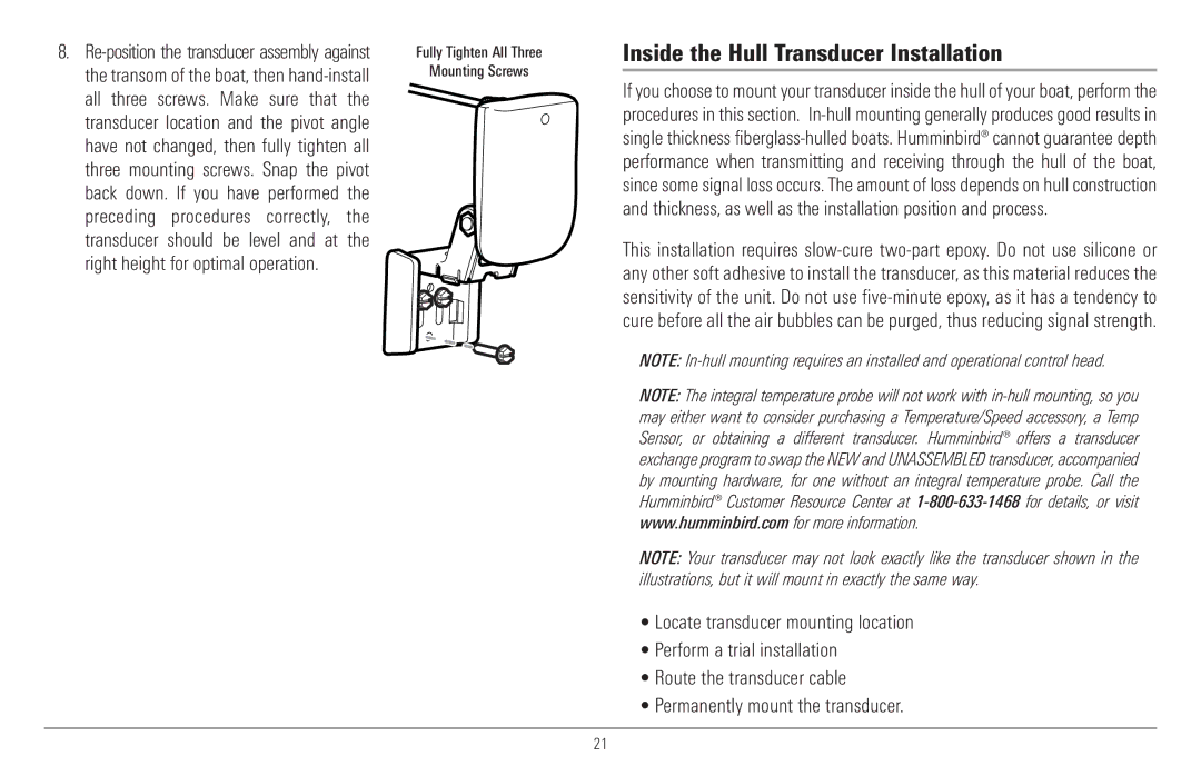 Humminbird 917C, 957C Inside the Hull Transducer Installation, Thickness, as well as the installation position and process 