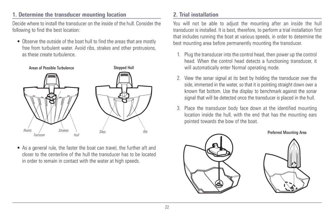 Humminbird 957C, 917C manual Determine the transducer mounting location, Trial installation 