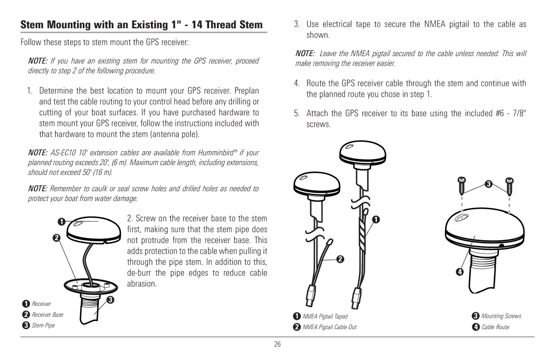 Humminbird 957C, 917C Stem Mounting with an Existing 1 14 Thread Stem, Follow these steps to stem mount the GPS receiver 