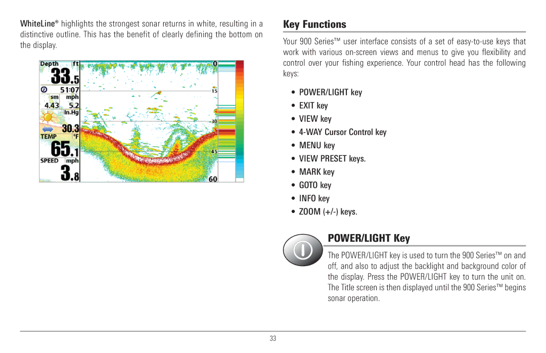 Humminbird 917C, 957C manual Key Functions, POWER/LIGHT Key 
