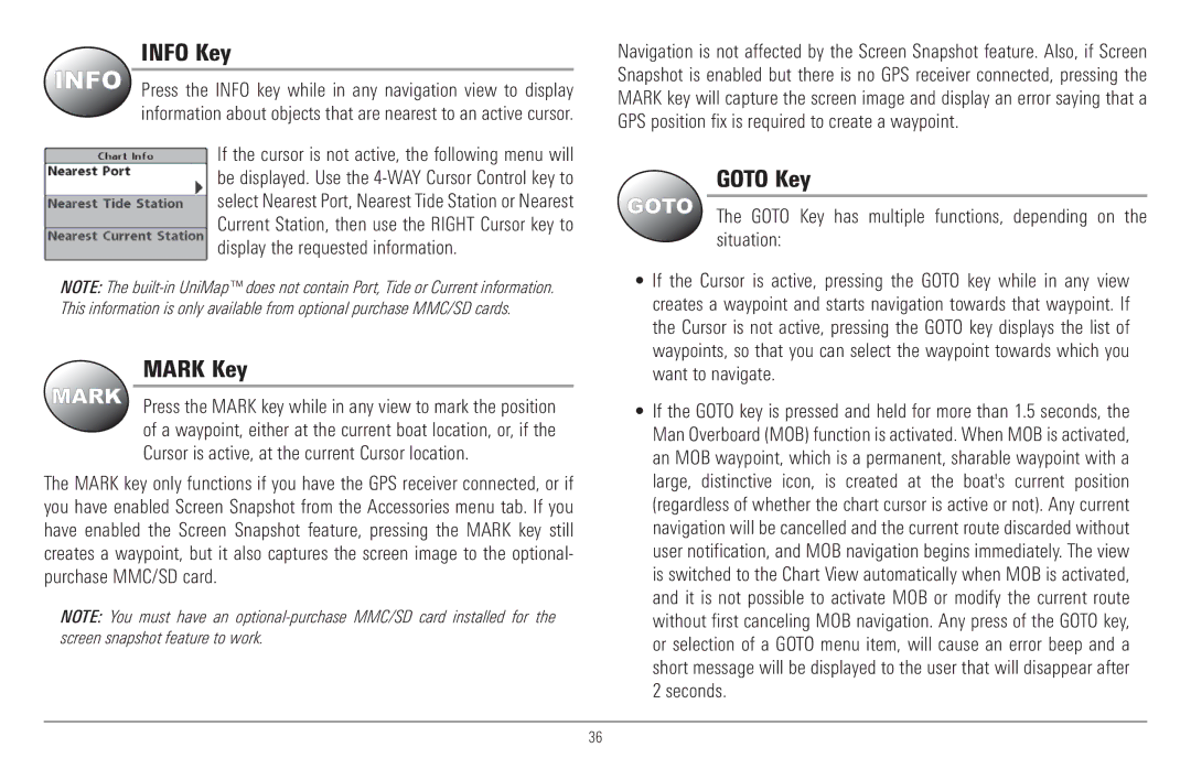 Humminbird 957C, 917C manual Info Key, Mark Key, Goto Key has multiple functions, depending on the situation 