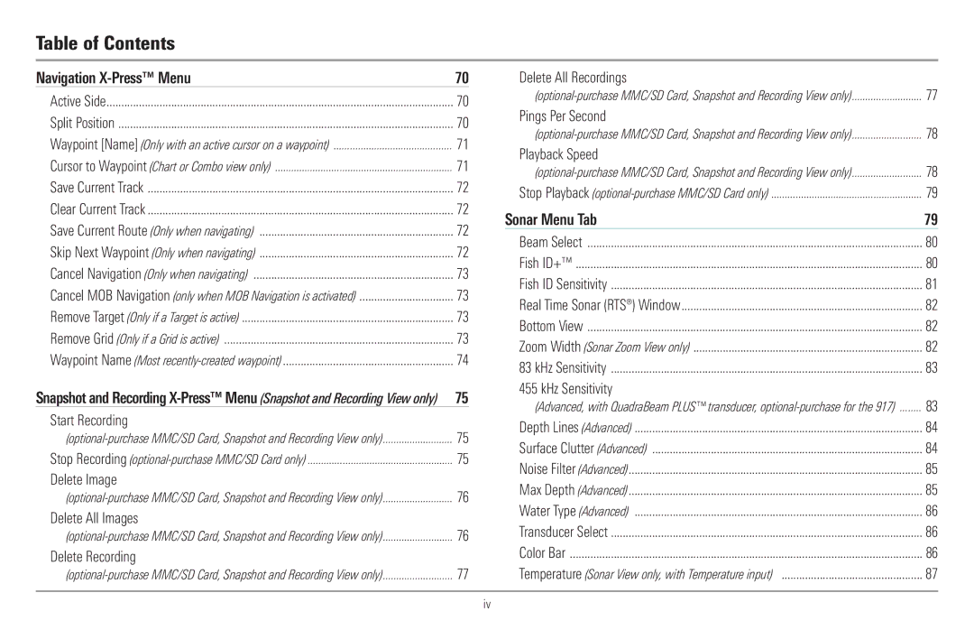 Humminbird 917C, 957C manual Start Recording, Delete Image, Delete All Images, Delete Recording 