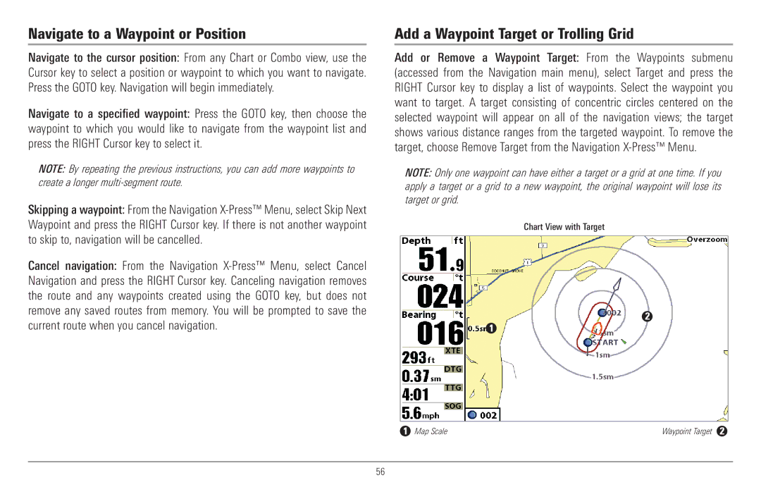 Humminbird 957C, 917C manual Navigate to a Waypoint or Position, Add a Waypoint Target or Trolling Grid 