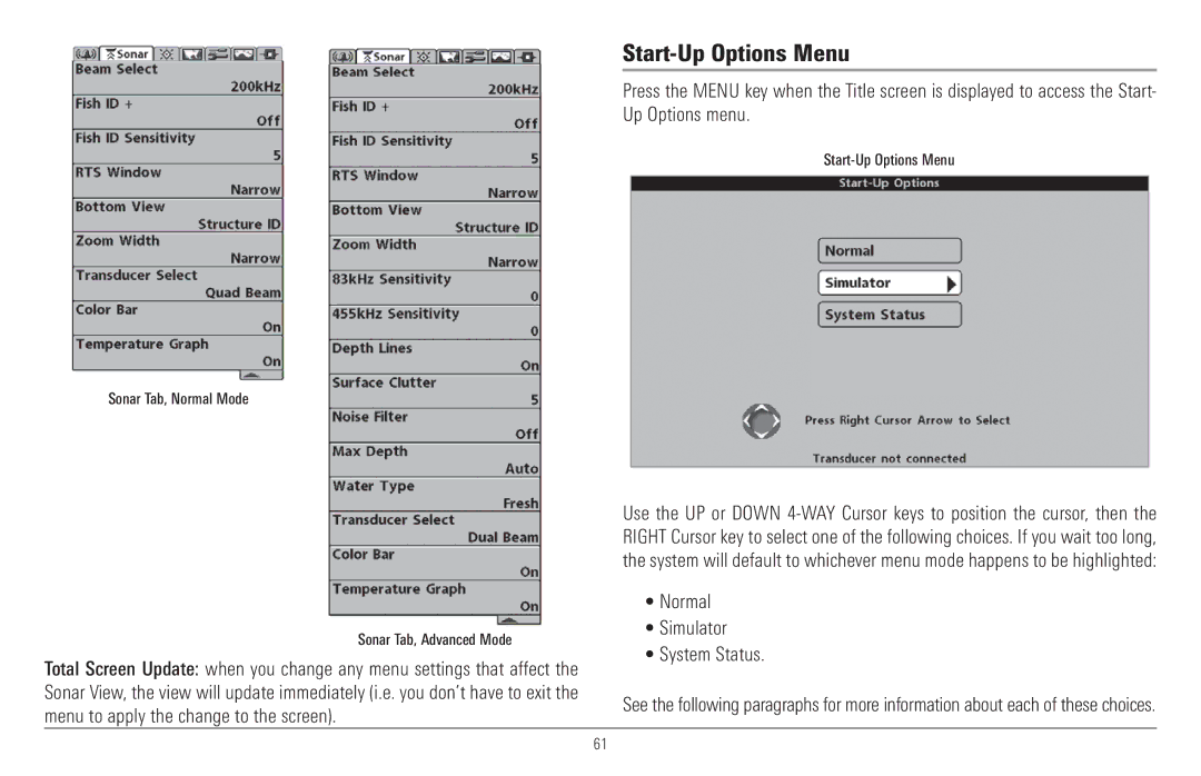 Humminbird 917C, 957C manual Start-Up Options Menu, Normal Simulator System Status 