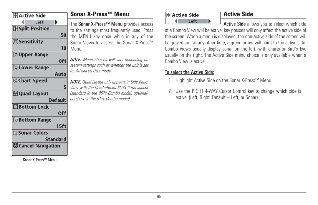 Humminbird 917C, 957C manual Sonar X-Press Menu, Active Side 