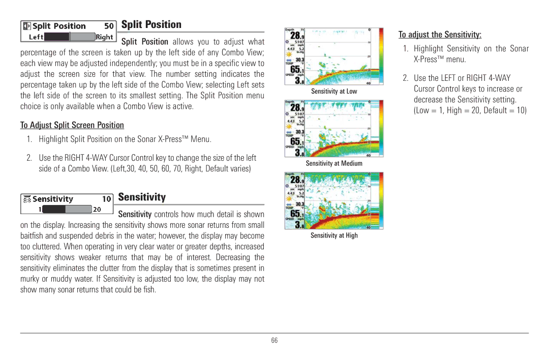 Humminbird 957C, 917C manual Split Position, Sensitivity 