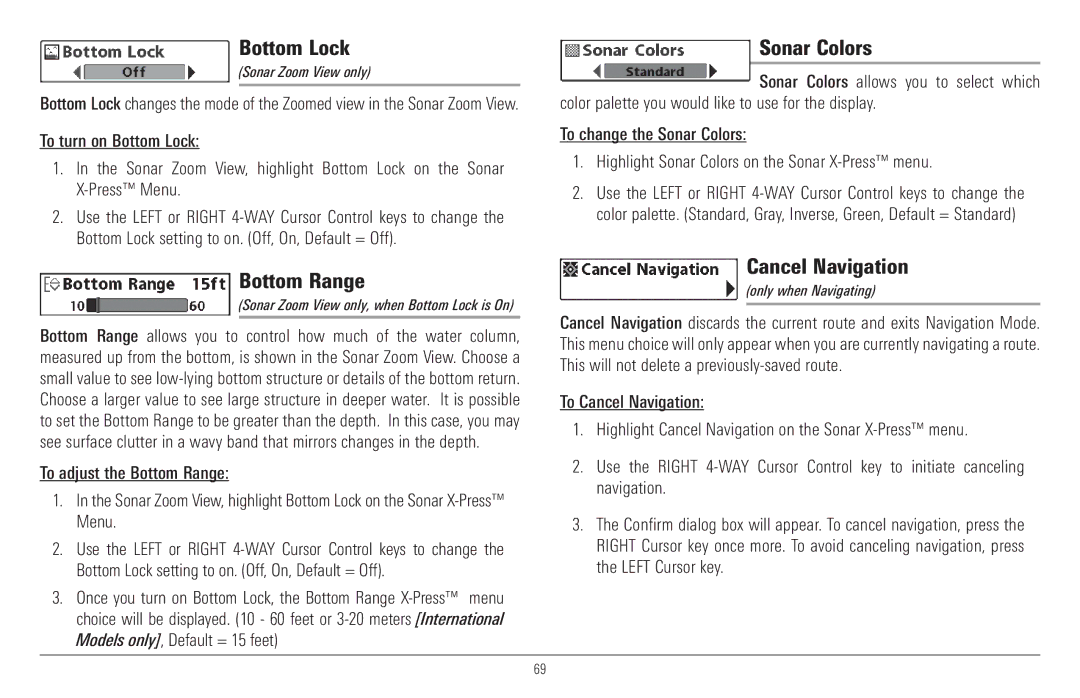 Humminbird 917C, 957C manual Bottom Lock, Bottom Range, Sonar Colors, Cancel Navigation 