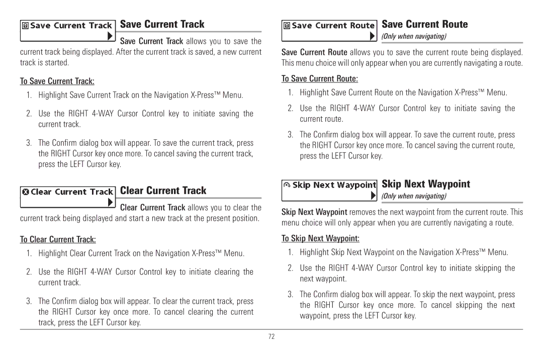 Humminbird 957C, 917C manual Save Current Track, Clear Current Track, Save Current Route, Skip Next Waypoint 