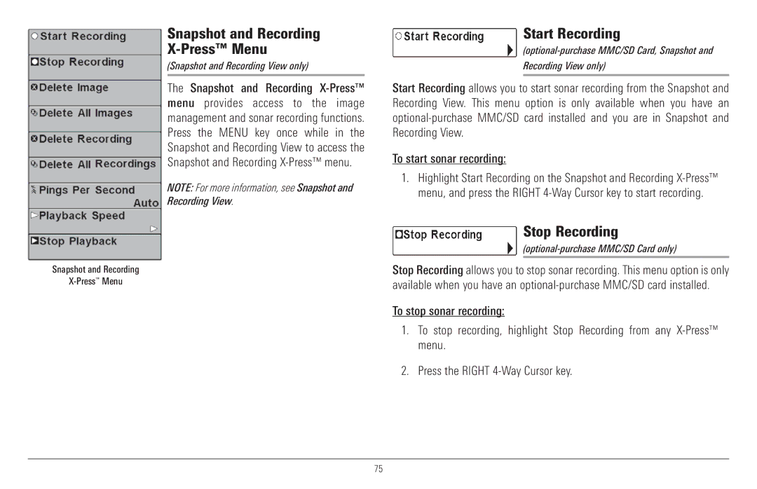 Humminbird 917C, 957C manual Start Recording, Stop Recording 