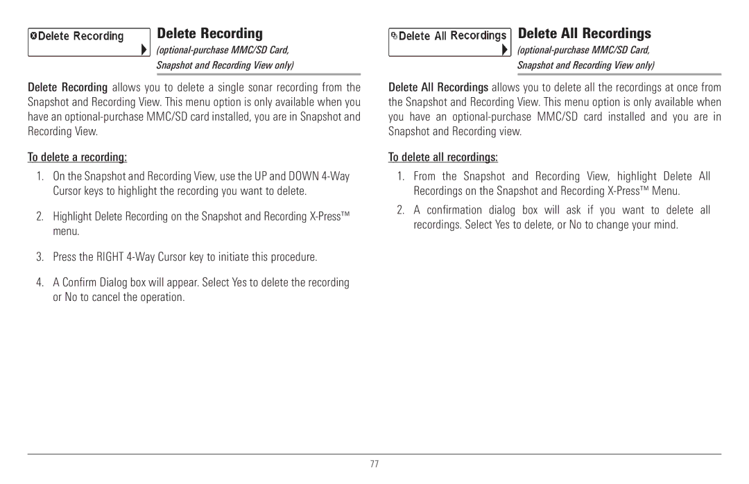 Humminbird 917C, 957C manual Delete Recording, Delete All Recordings 