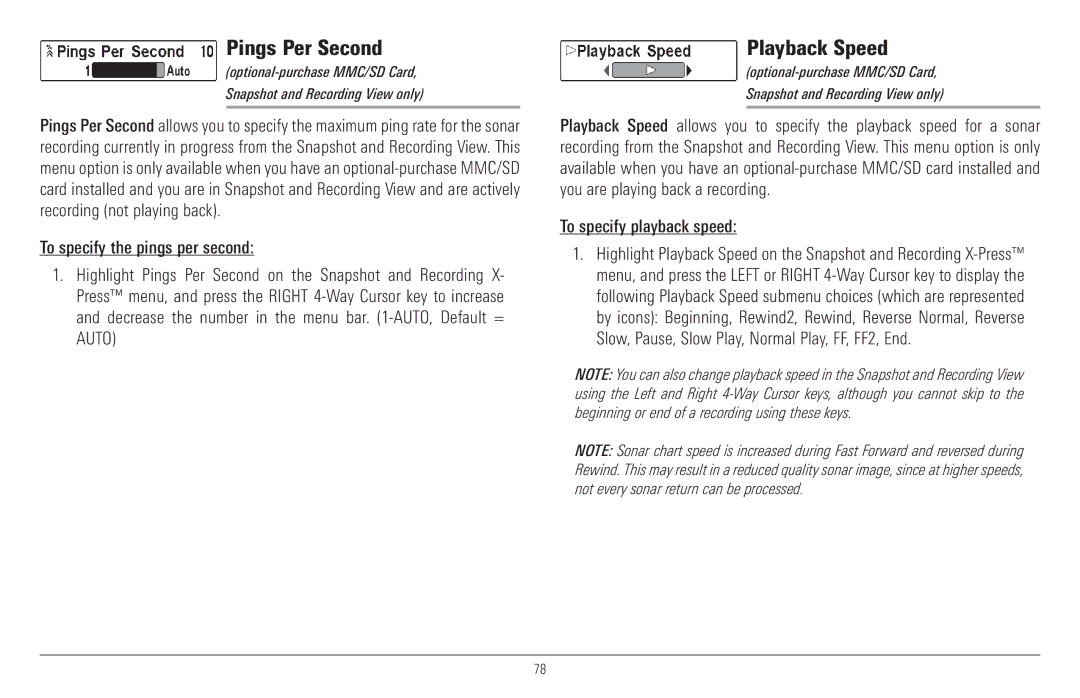 Humminbird 957C, 917C manual Pings Per Second, Playback Speed, To specify playback speed 