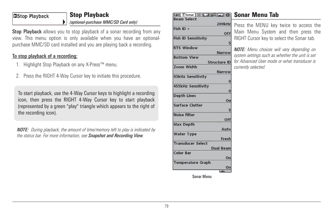 Humminbird 917C, 957C manual Stop Playback, Sonar Menu Tab 