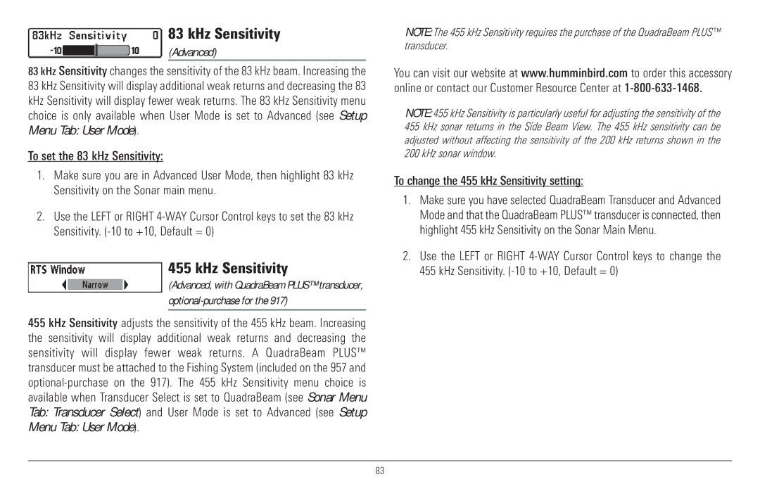 Humminbird 917C, 957C manual KHz Sensitivity, To change the 455 kHz Sensitivity setting 